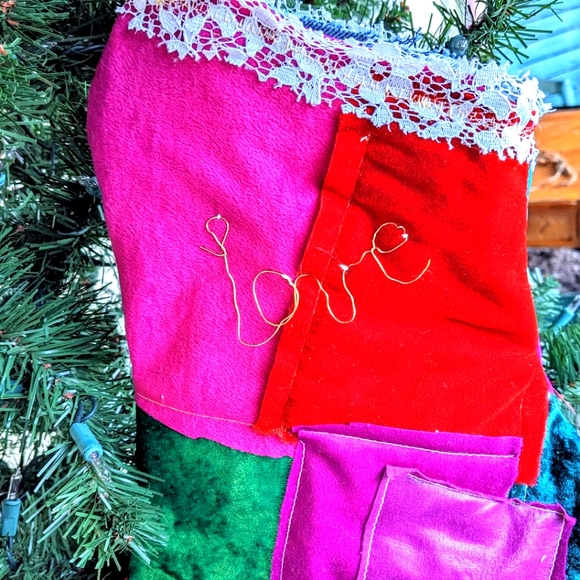 Santa's Boot Christmas Stocking Velvet Lace Denim OOAK Handmade Cabin Boho - Picture 5 of 9